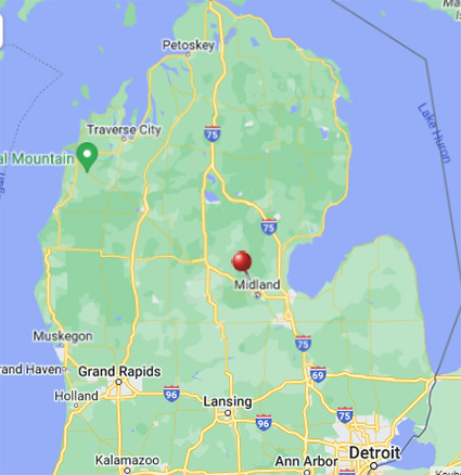 A map showing where Midland, Mich. is located.