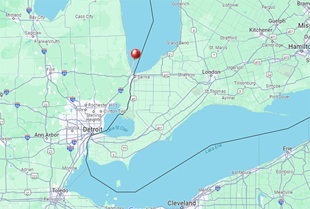 A map of the area from Detroit to the crime scene in St. Clair Co., Mich.