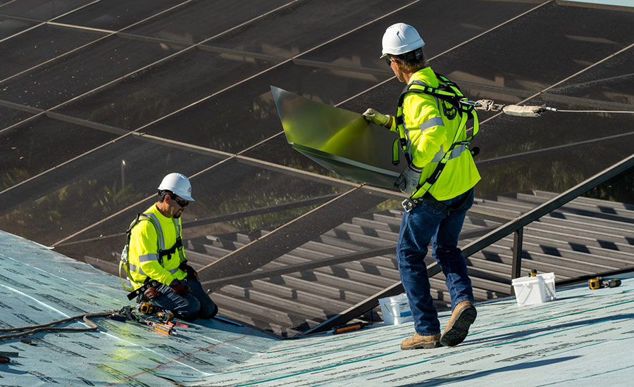 A metal roof installation