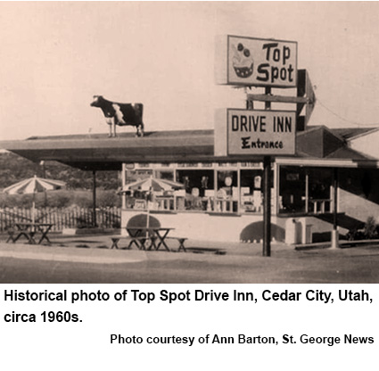 Historical photo of Top Spot Drive Inn, Cedar City, Utah, circa 1960s.