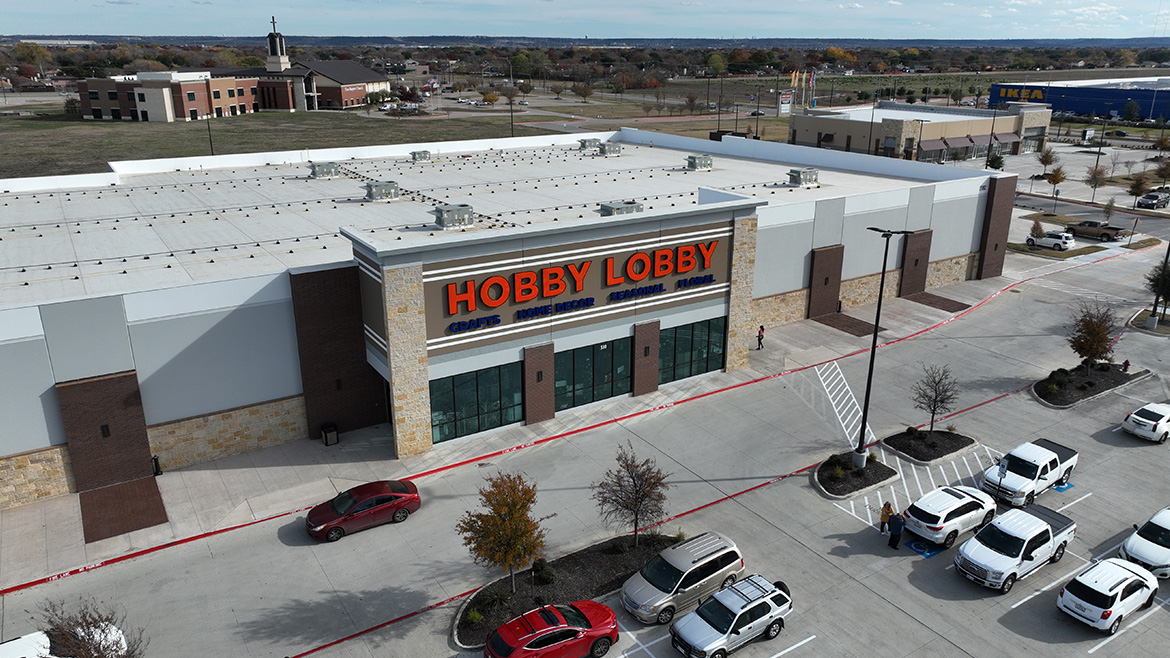 A completed commercial roofing project at Hobby Lobby